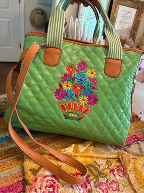 Quilted Lime Green Floral Embroidered Tote Bag